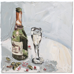Sally West: Champagne Bottle, Glass and Berries